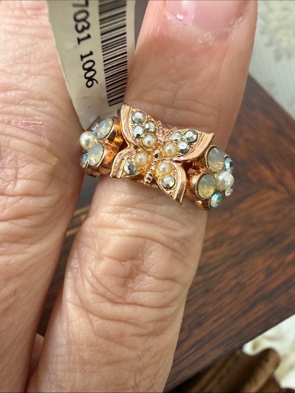 Mariana Rose Gold Butterfly Ring, Iridescent Crystals and Pearls- FITS MOST